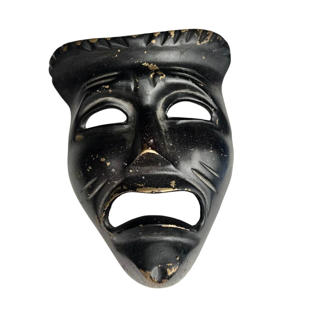 Vintage Brass Wall Mask Black Gold Tribal Face Art Decor Metal Sculpture Painted